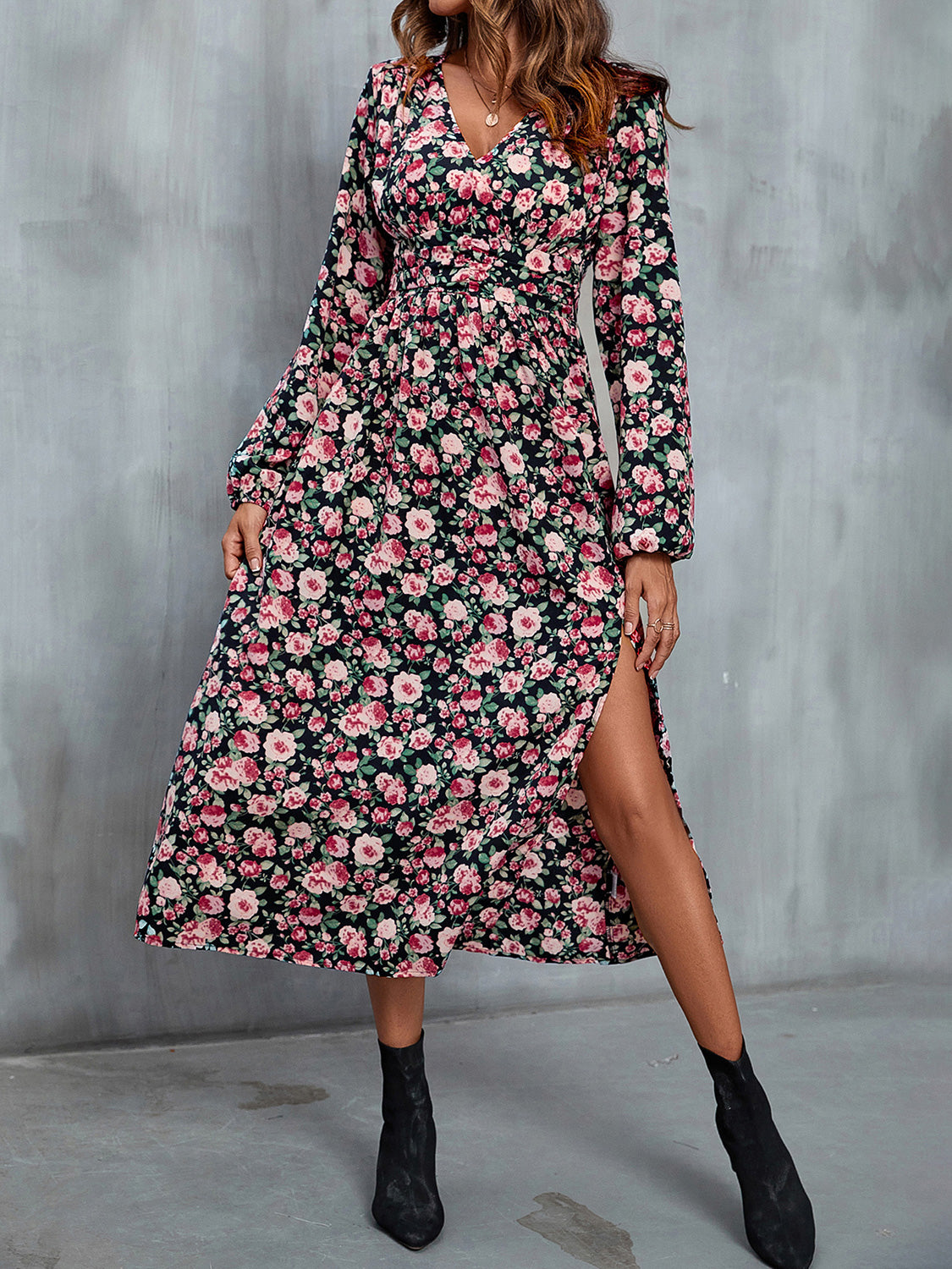 Perfee Floral V-Neck Slit Midi Dress