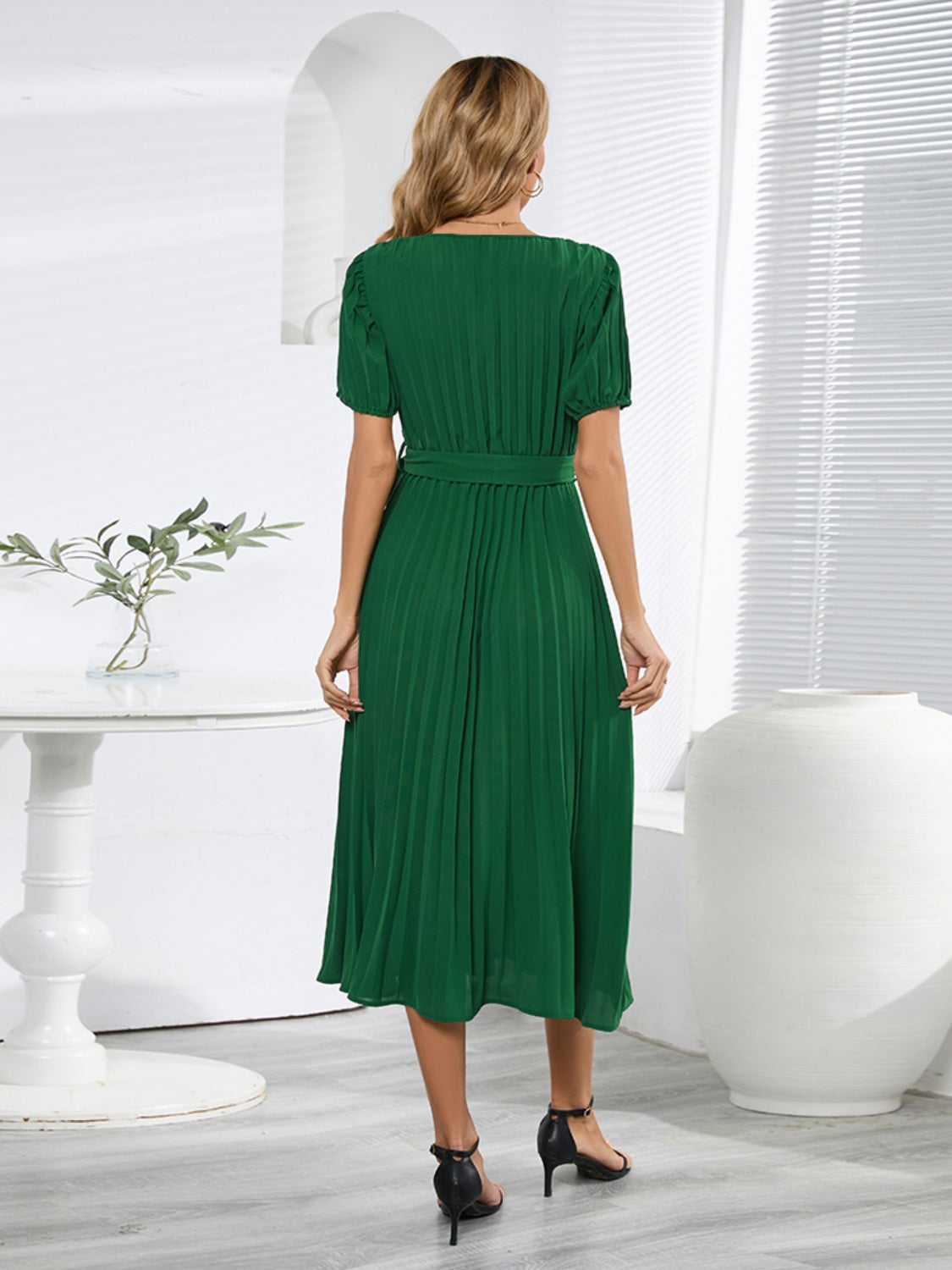 Pleated Surplice Tie Waist Midi Dress