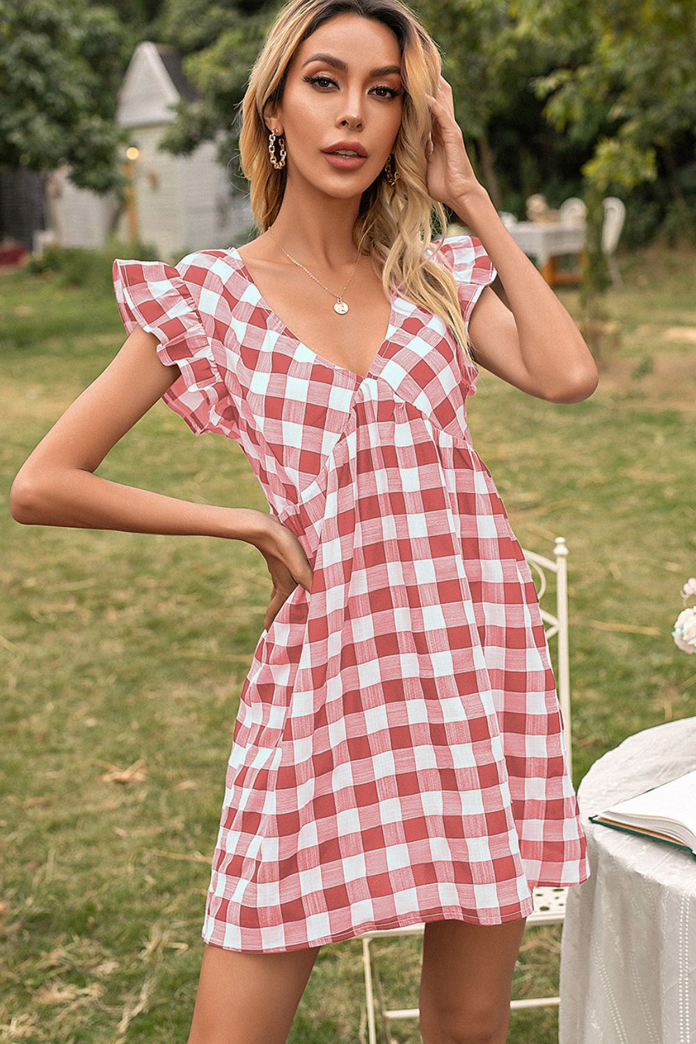 Ivy Lane Plaid Butterfly Sleeve Deep V Dress