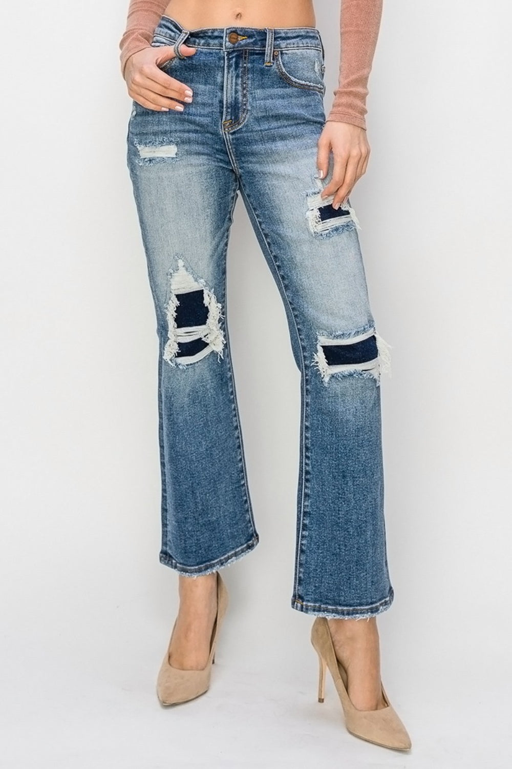 Risen Full Size High Rise Distressed Ankle Flare Jeans