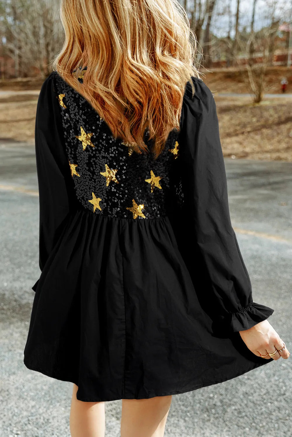 Star Sequin Round Neck Flounce Sleeve Mini Dress