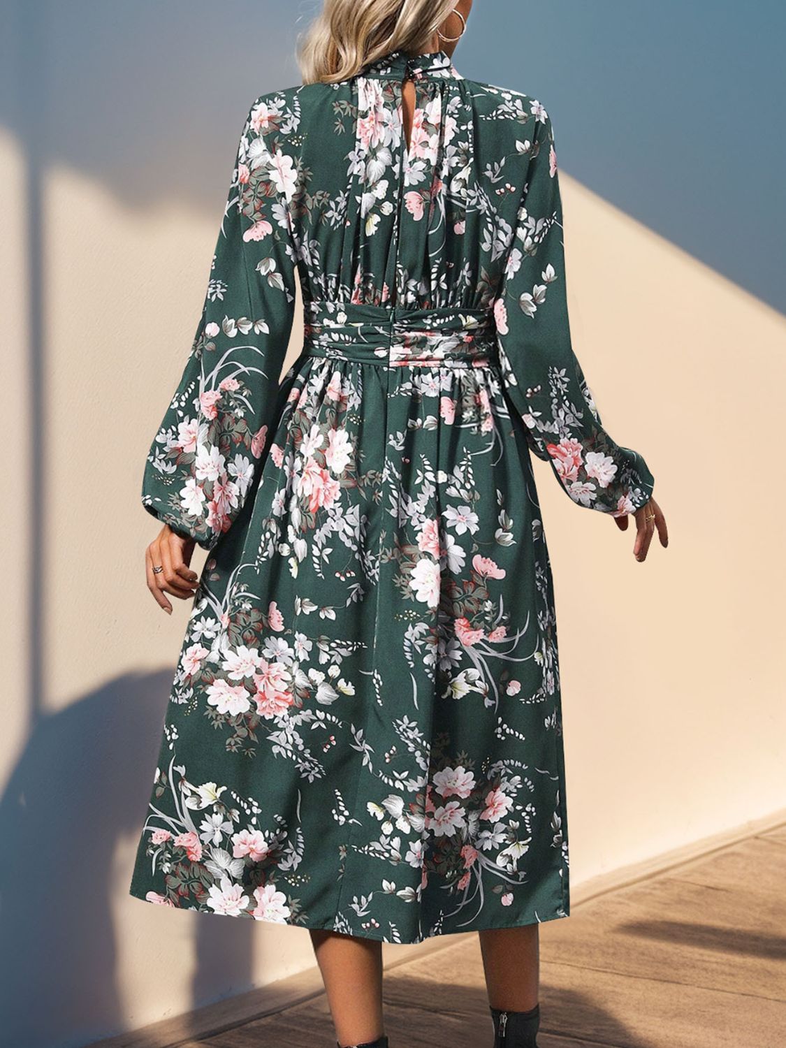 Perfee Ruched Printed Mock Neck Long Sleeve Midi Dress