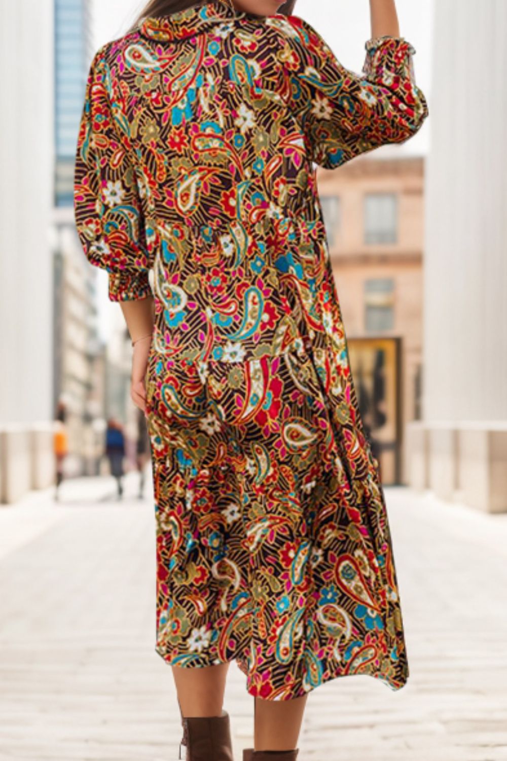 Printed Surplice Lantern Sleeve Midi Dress