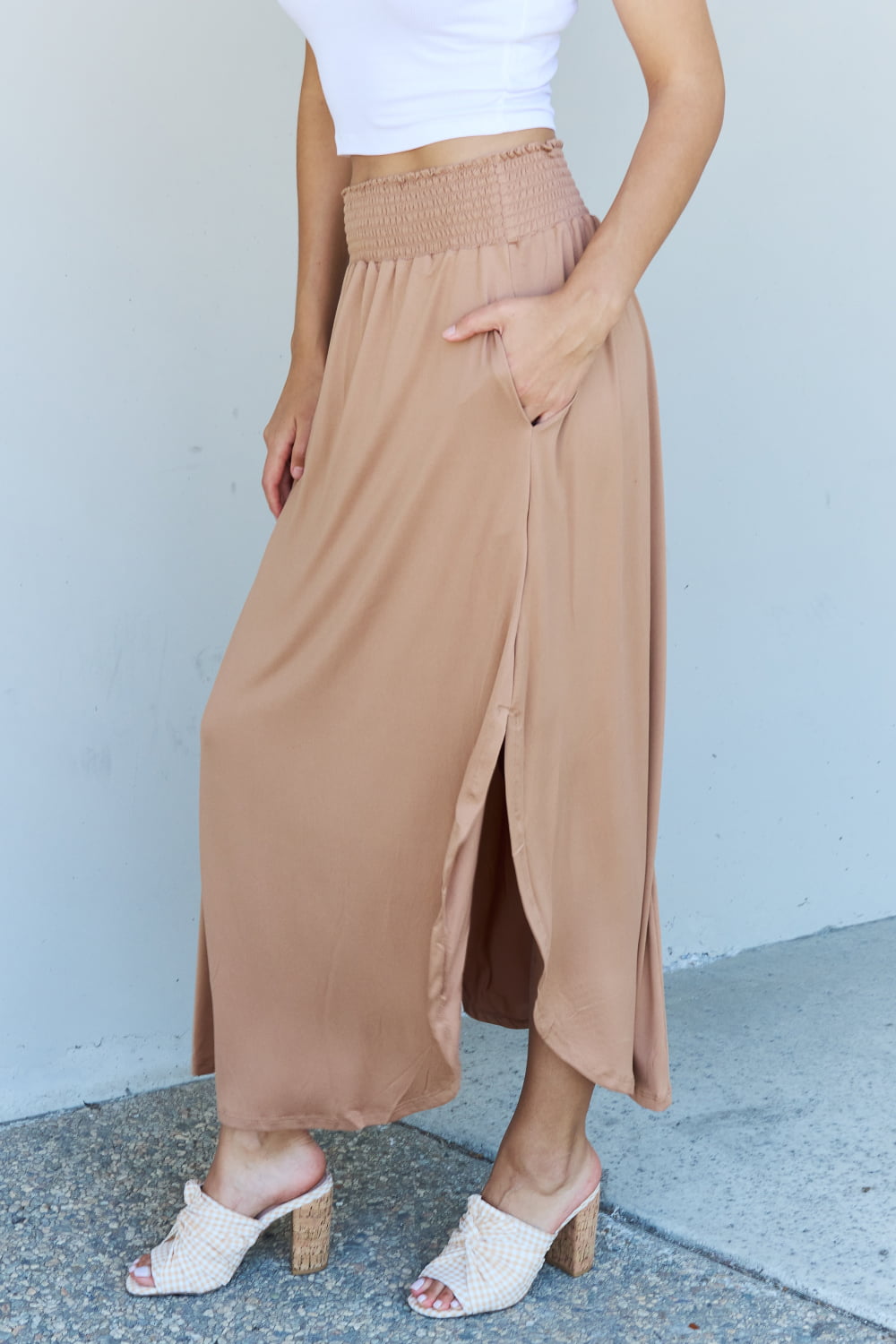 Doublju Comfort Princess Full Size High Waist Scoop Hem Maxi Skirt in Tan