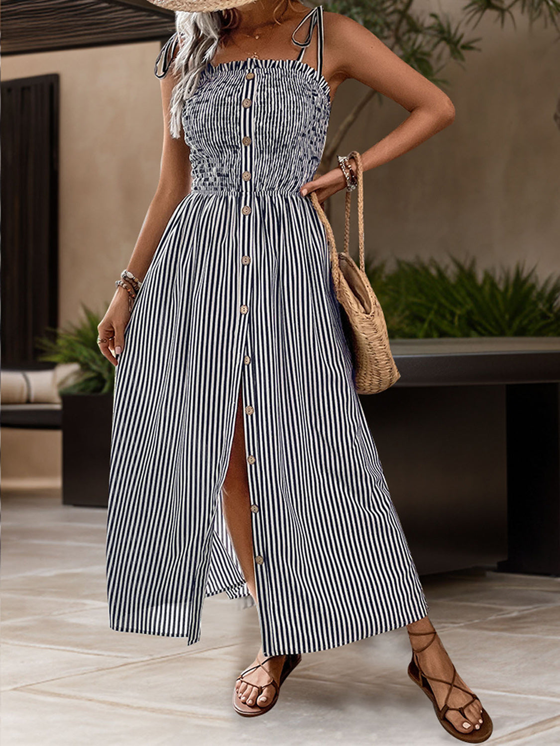 Perfee Tied Smocked Striped Sleeveless Midi Dress