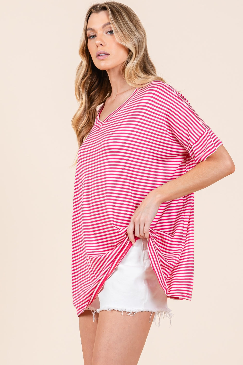 BOMBOM Striped V-Neck T-Shirt