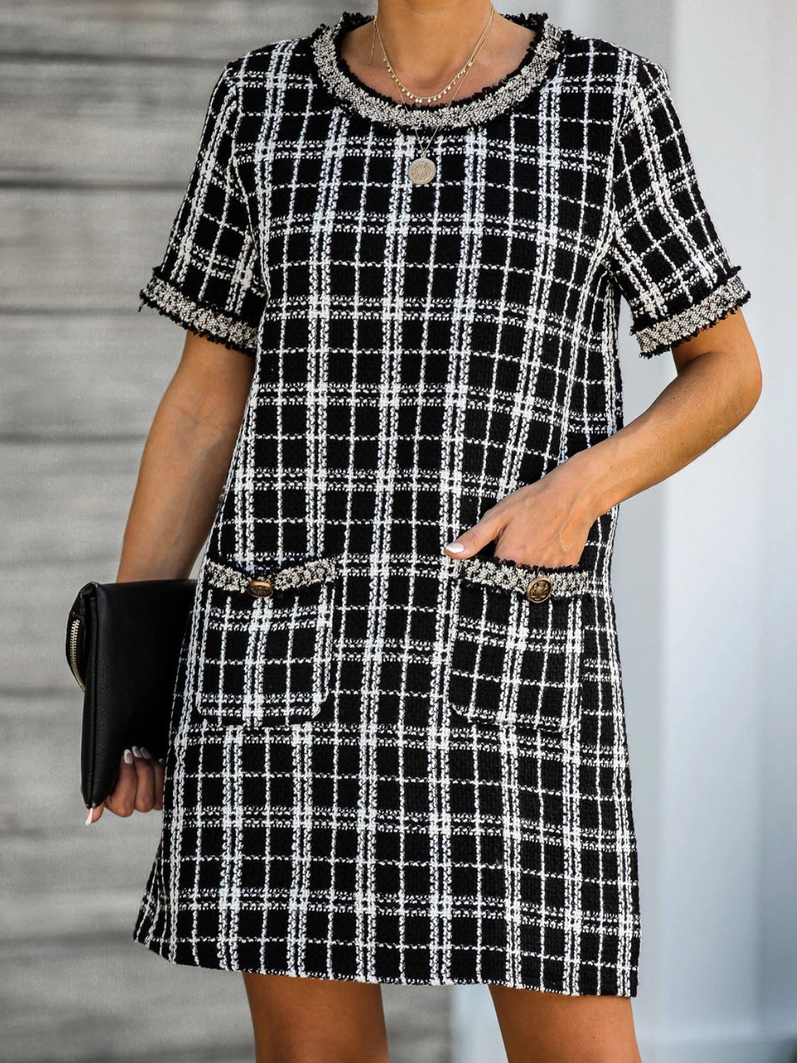 MeiMei Pocketed Plaid Round Neck Short Sleeve Dress