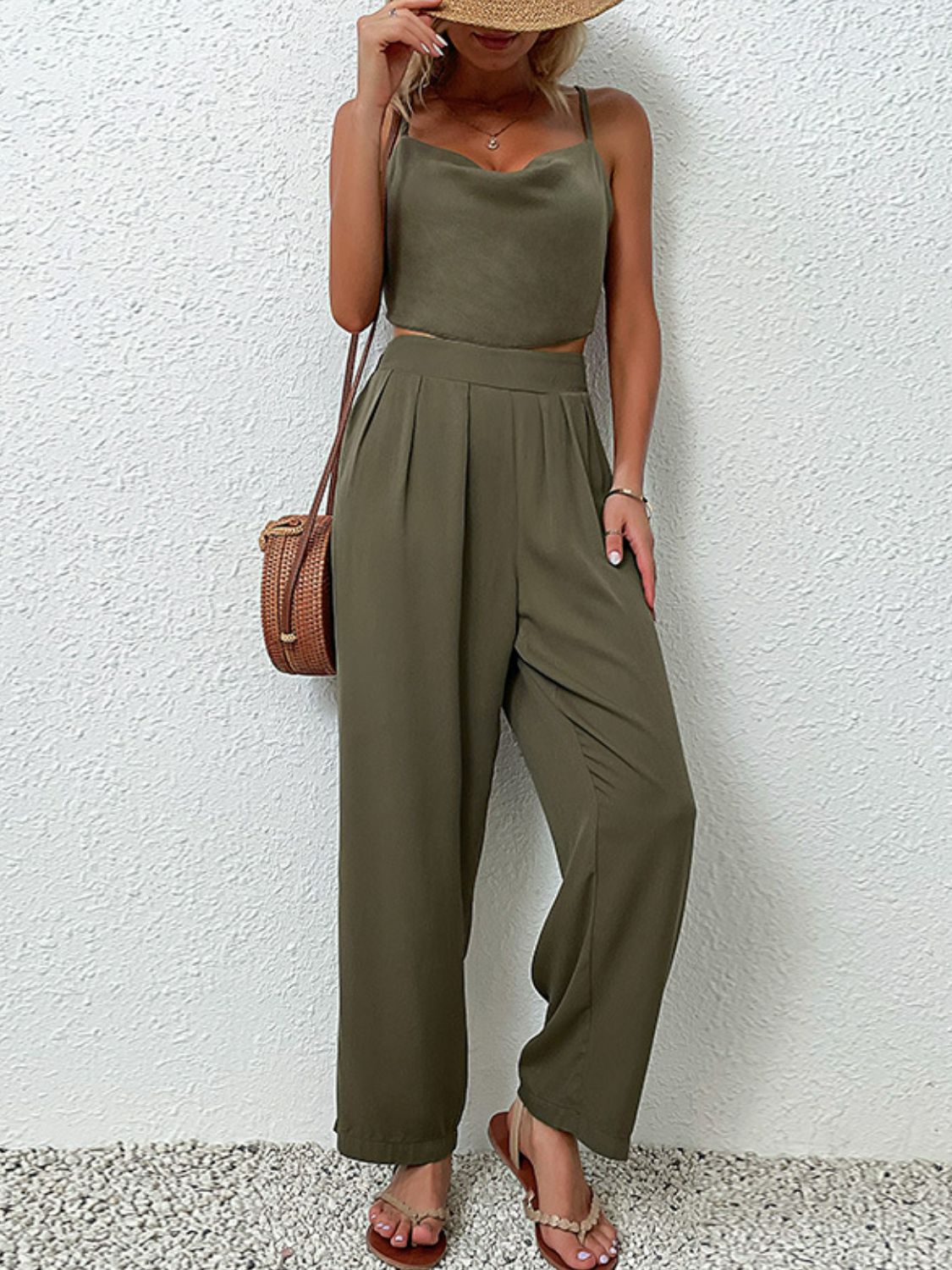 Perfee Crisscross Back Cropped Top and Pants Set