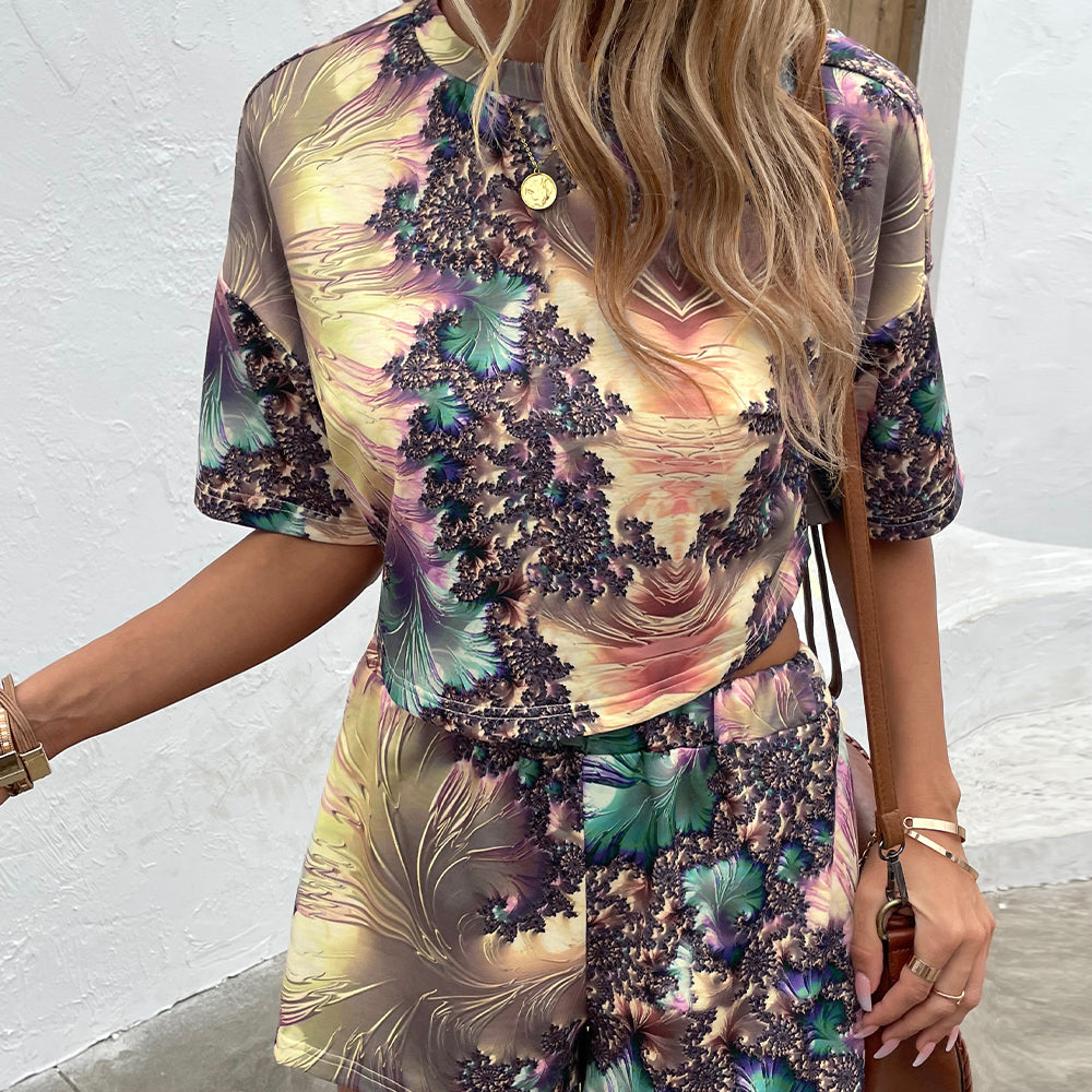 Shiny Printed Round Neck Dropped Shoulder Half Sleeve Top and Shorts Set