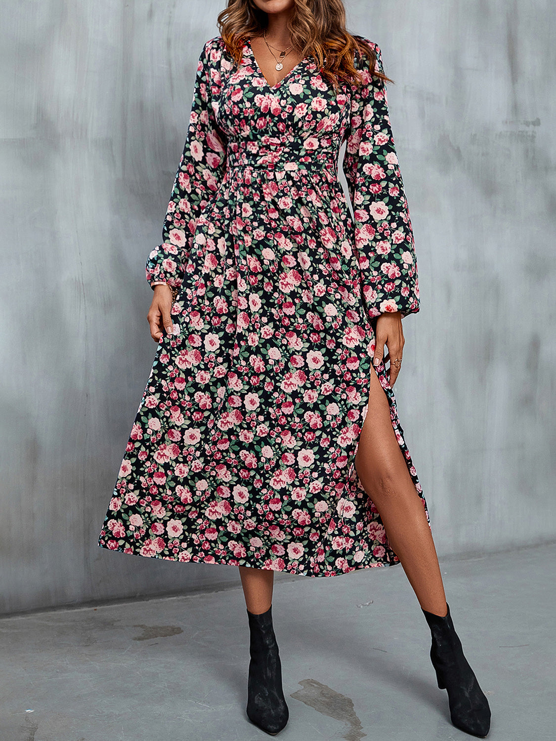 Perfee Floral V-Neck Slit Midi Dress