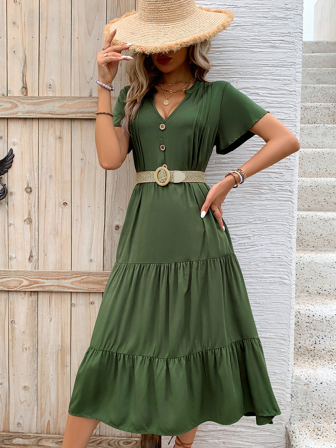 Perfee Tiered Notched Short Sleeve Midi Dress