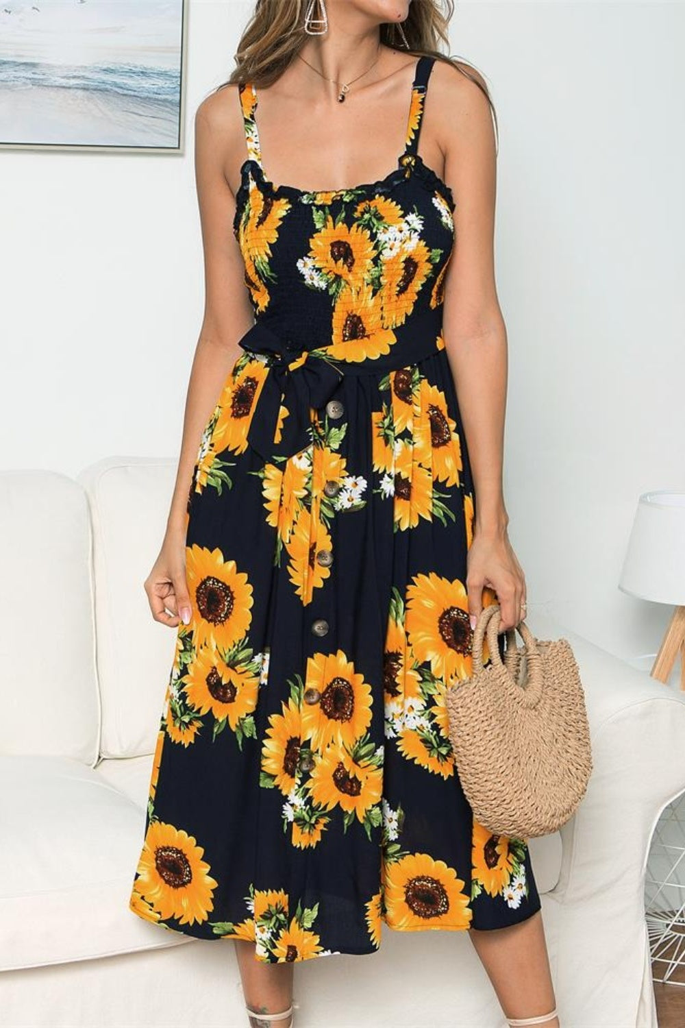 Vestido camisola sin mangas con estampado de girasoles fruncidos