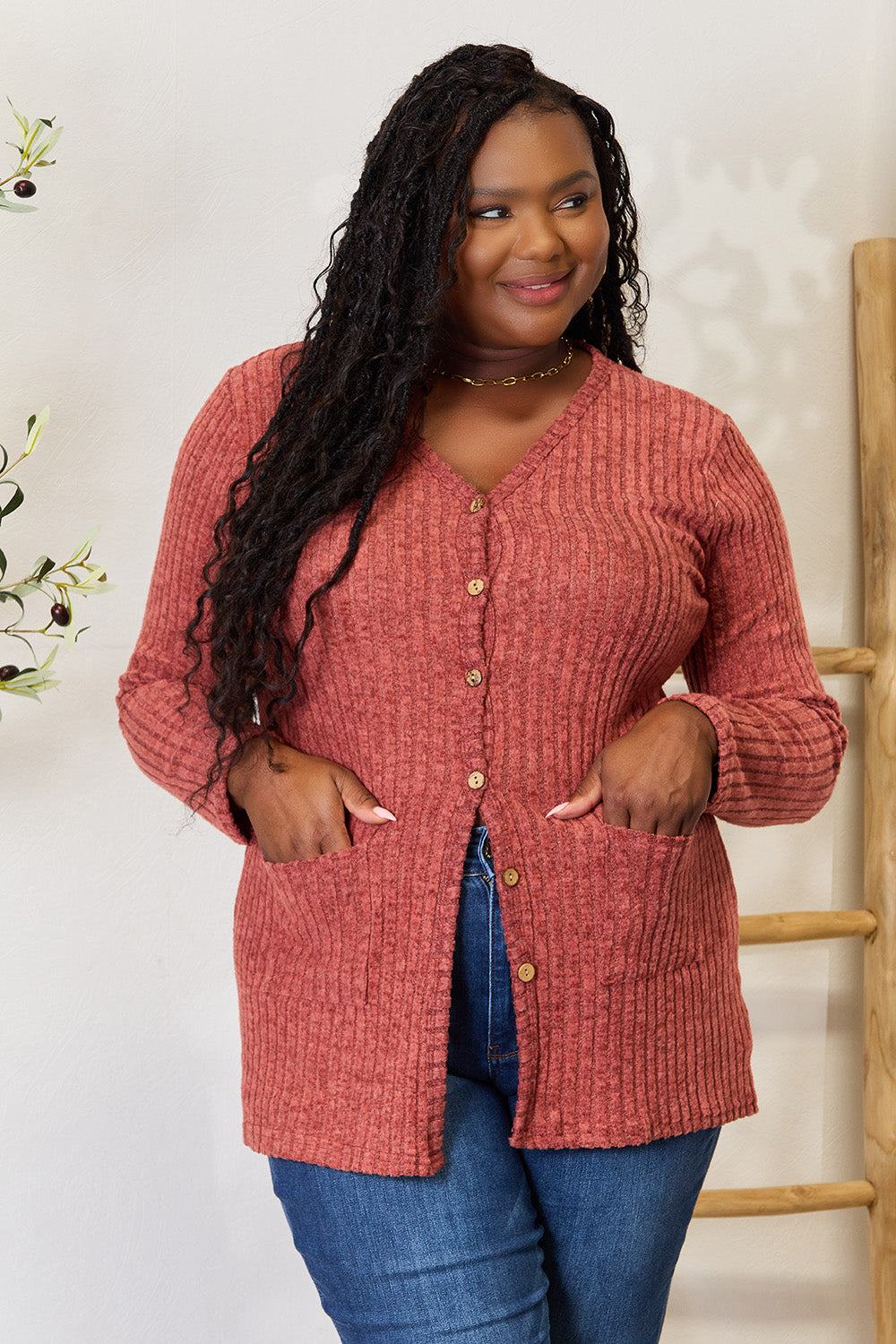 Ribbed Button-Up Cardigan with Pockets