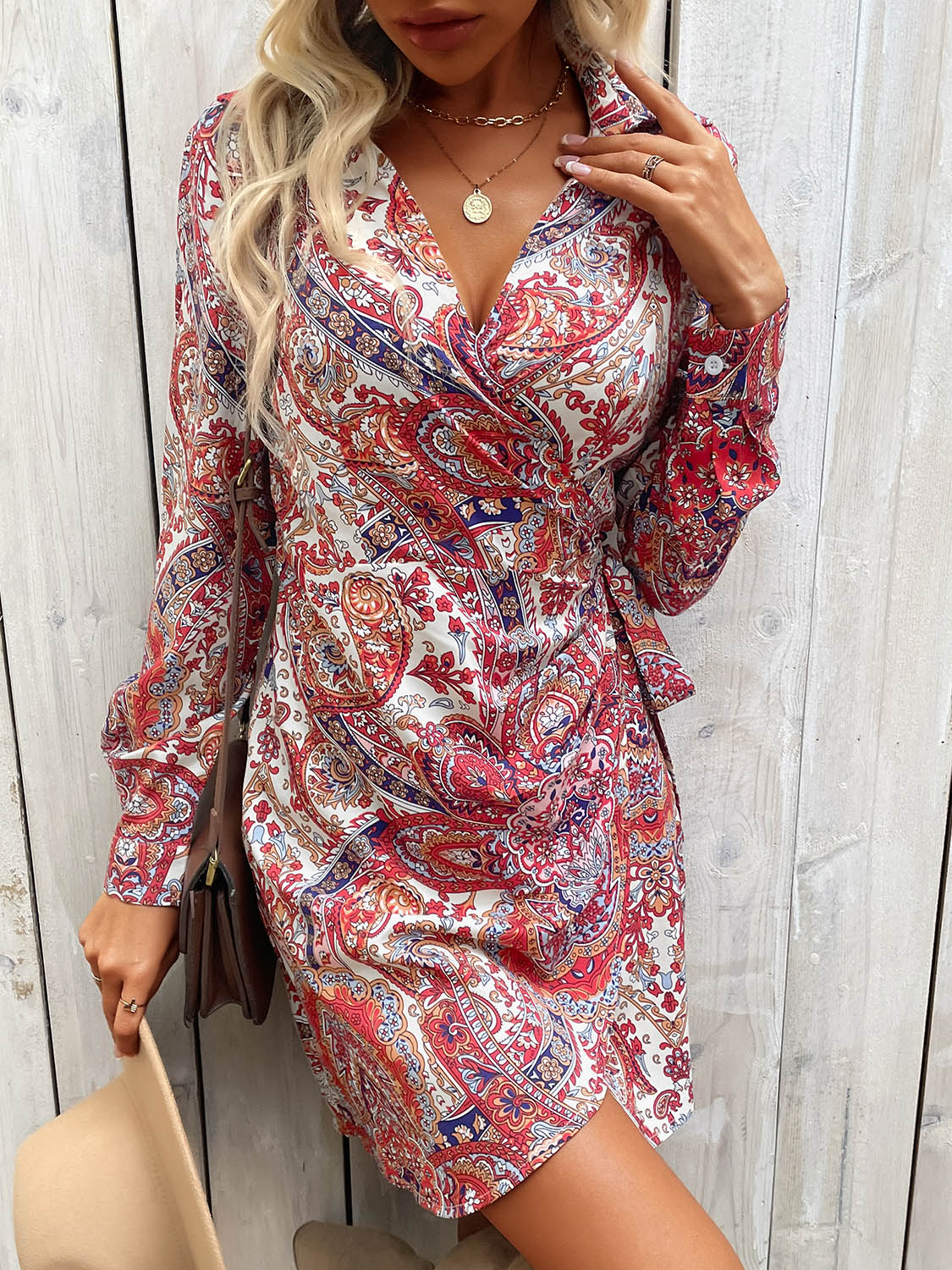 Perfee Tied Printed Long Sleeve Mini Dress