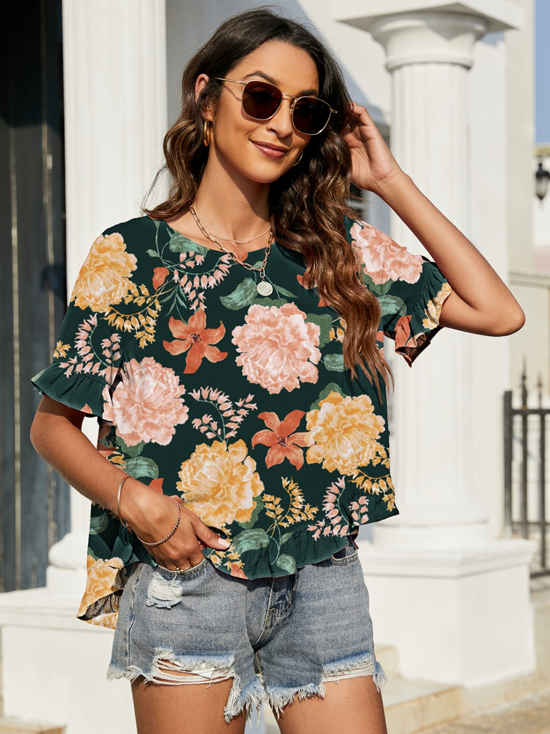 Floral Ruffled Short Sleeve Blouse