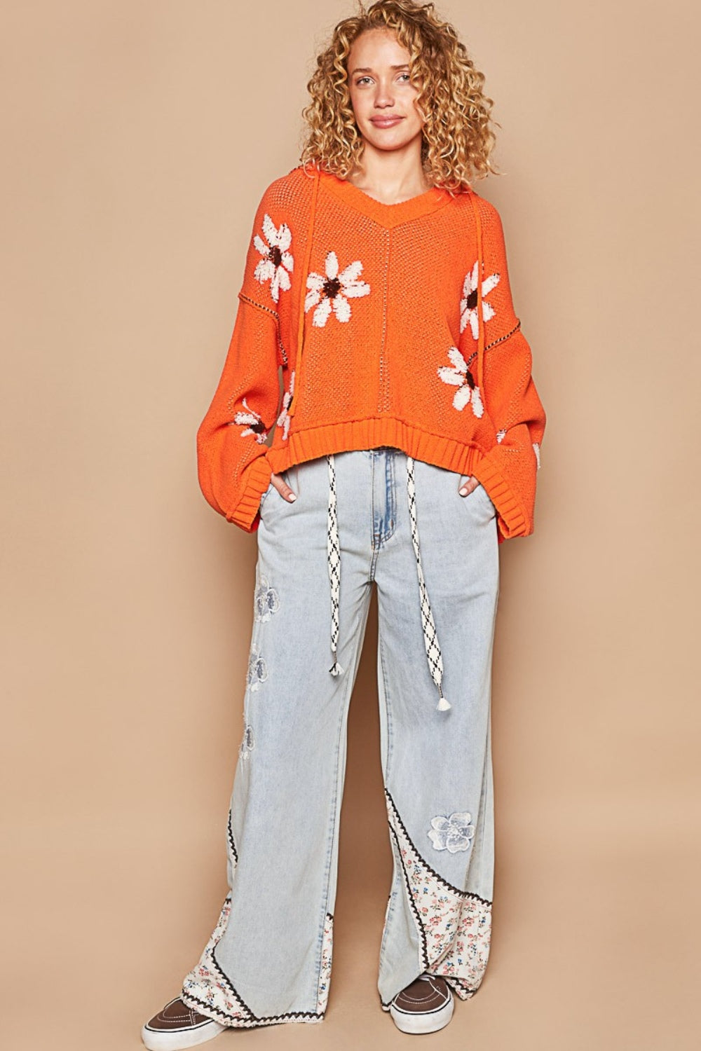 POL Floral Pattern Hooded High-Low Sweater