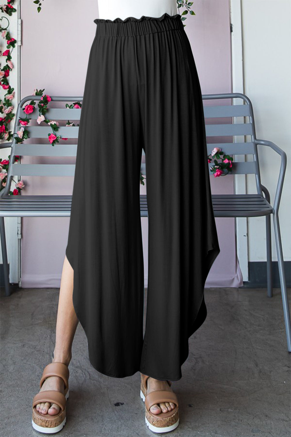 Heimish Full Size Frill Slit High Waist Wide Leg Pants