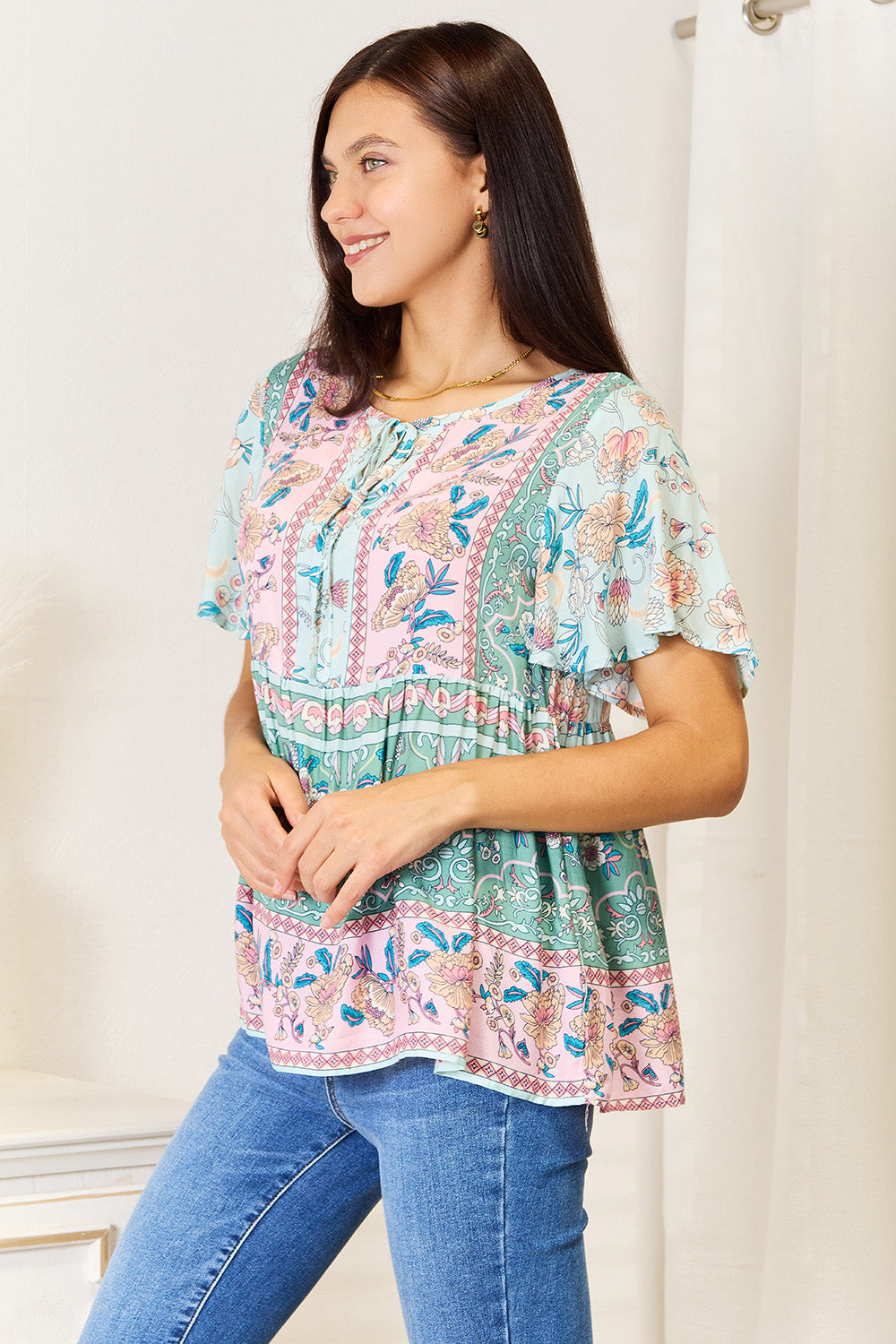 Perfee Floral Tie Neck Short Sleeve Blouse